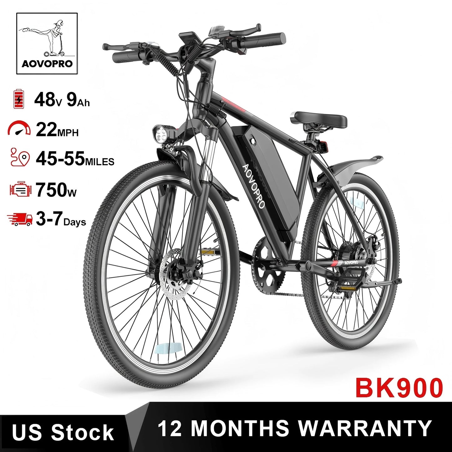 AOVOPRO 750W Electric Bike 48V Battery Versatile Design