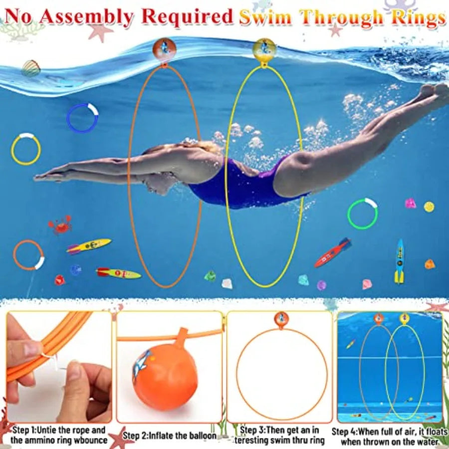 23PCS Pool Toys Games for,No Assembly Stability Swim Thru Rings, Pool Diving Toys for 3, 4, 5, 6, 7, 8, 9, 10, 11, 12 Swim Ring