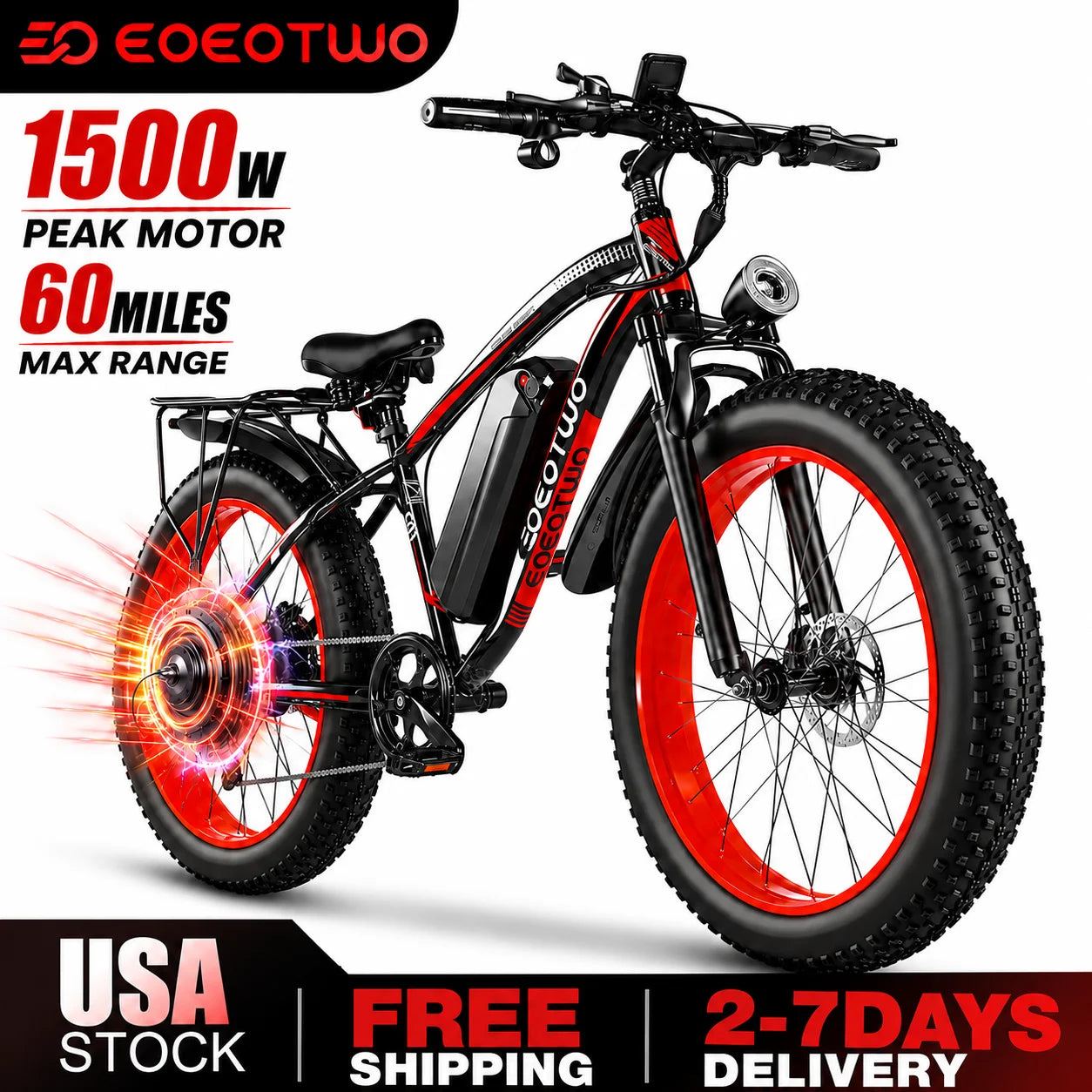 EOEOTWO E01 26" Fat Tire Electric Bike for Adults, 1000W Motor 1500W Peak, 48V 15Ah Battery, 34 MPH Max Speed, Up to 60 Miles Long Range