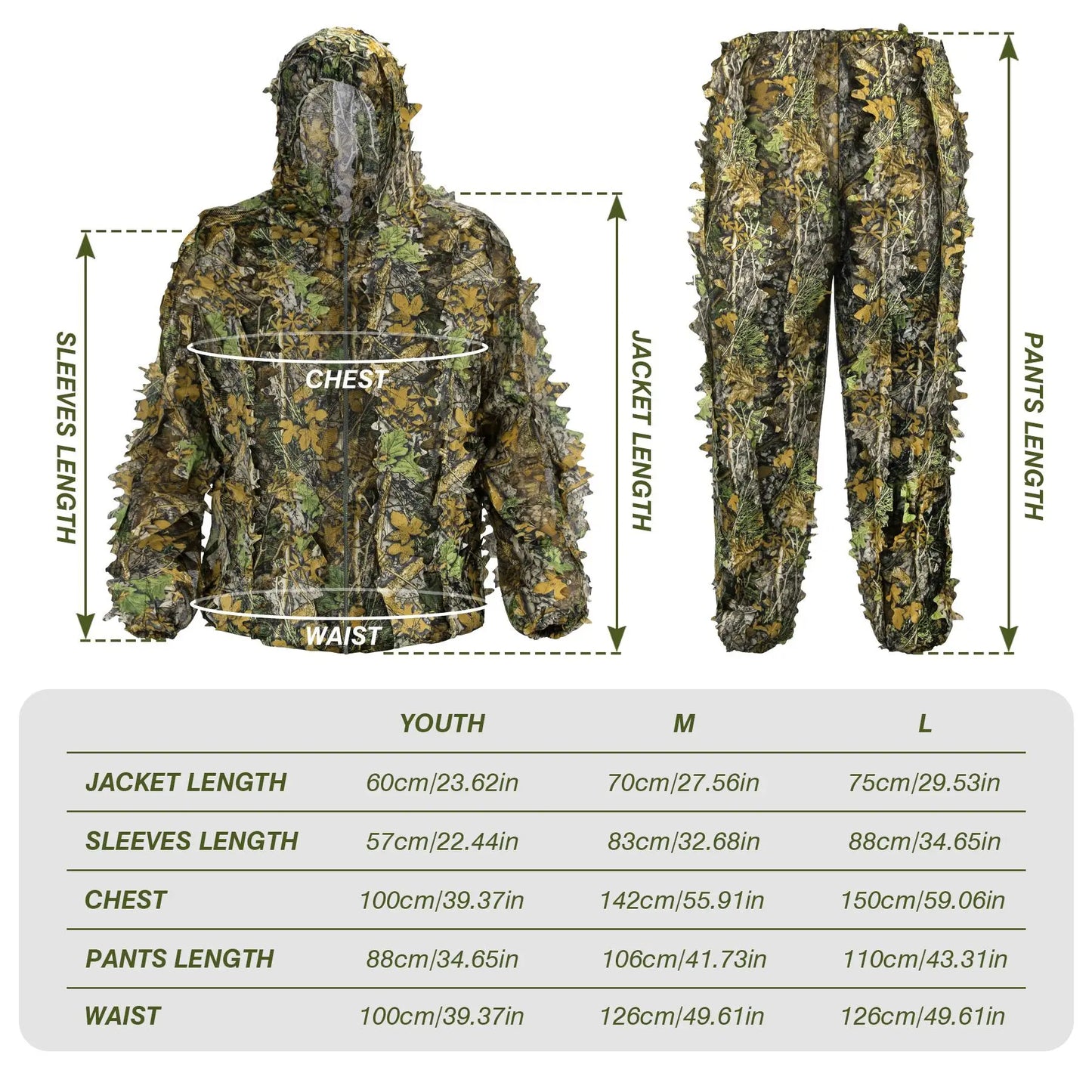 3D Bionic Leafy Ghillie Suit Breathable Camouflage Clothing Outdoor Tactical Sniper Hunting Clothes Lightweight Jungle Woodland Camo Apparel for Men Women Airsoft Paintball Wildlife Photography