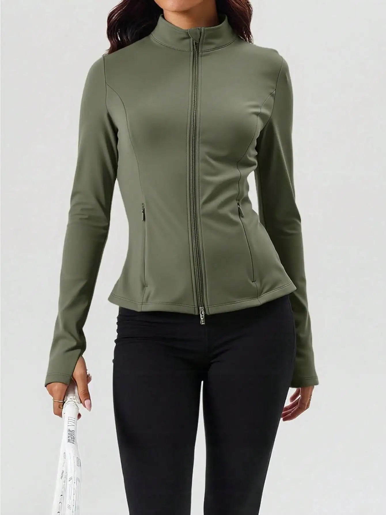 Fisoew Pleated Athletic Jacket, Women's Slim Fit Zip-Up Workout Top With Stand Collar & Thumb Holes, Athleisure Wear
