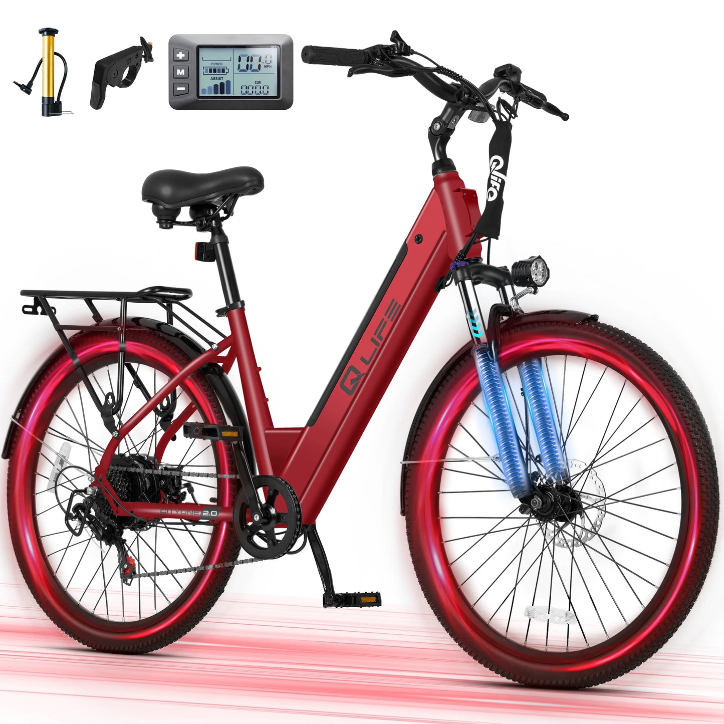 Qlife Cityone ST 2.0  26" Electric Bike for Adults, 1200W Peak Motor 48V 10.4Ah Battery, 28MPH 55 Miles, 7-Speed Electric Bicycle with Front Suspension