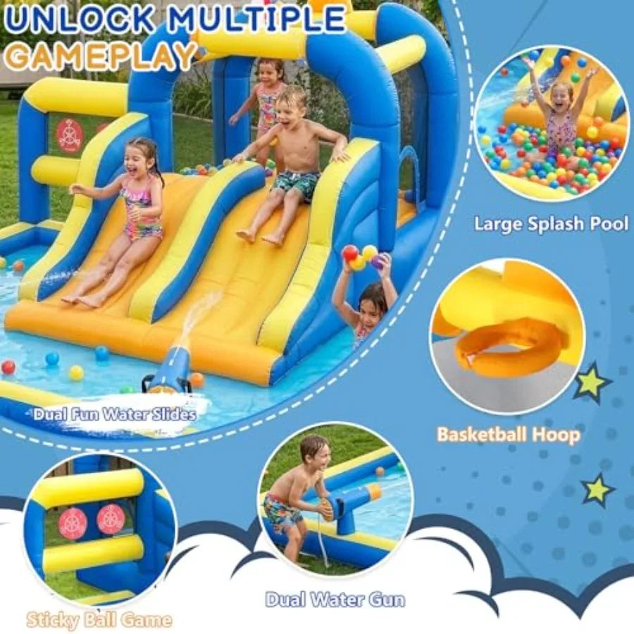 Inflatable Bounce House with Double Water Slide, Outdoor Inflatable Water Park Bouncy Castle w/Jumping Area, Splash Pool and Ai