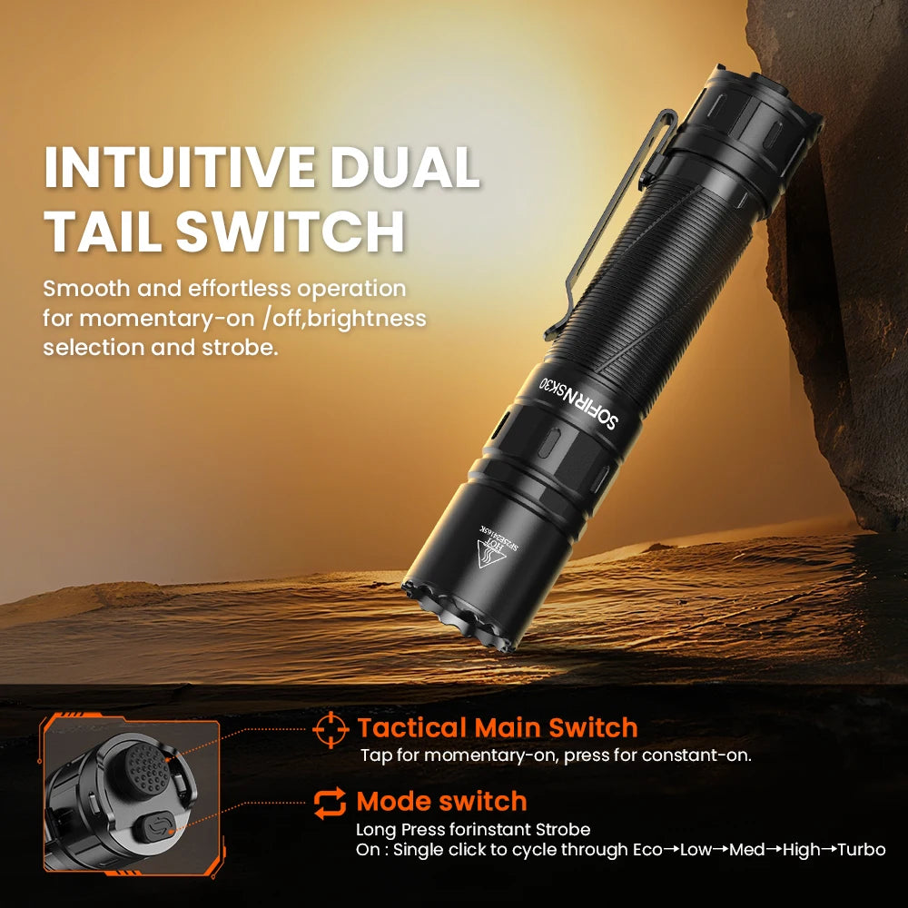 SOFIRN SK30 3000 High Lumen 6000K Flashlight USB C 21700 Rechargeable Pocket Torch with Dual Tail Switches