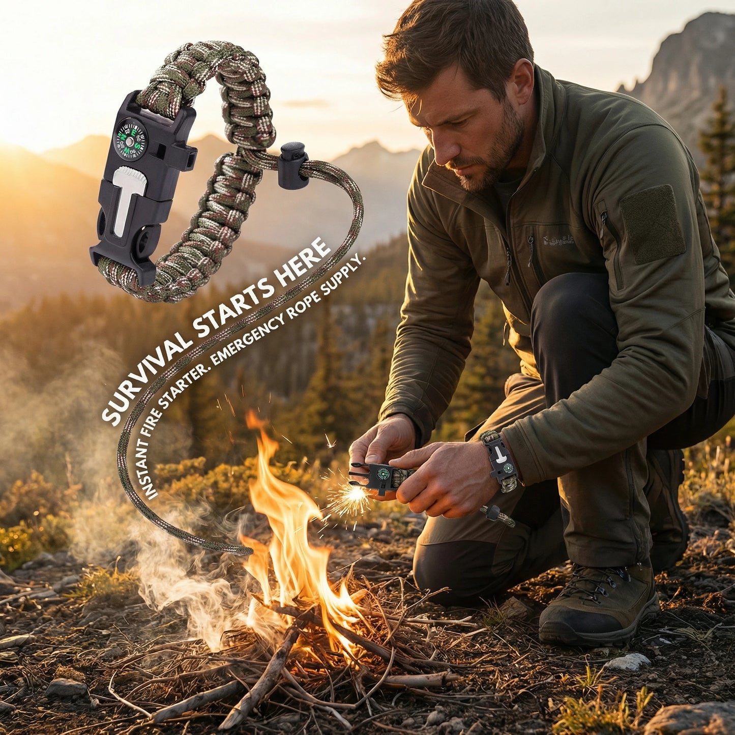 Adjustable Survival Paracord Bracelet With Compass And Fire Starter