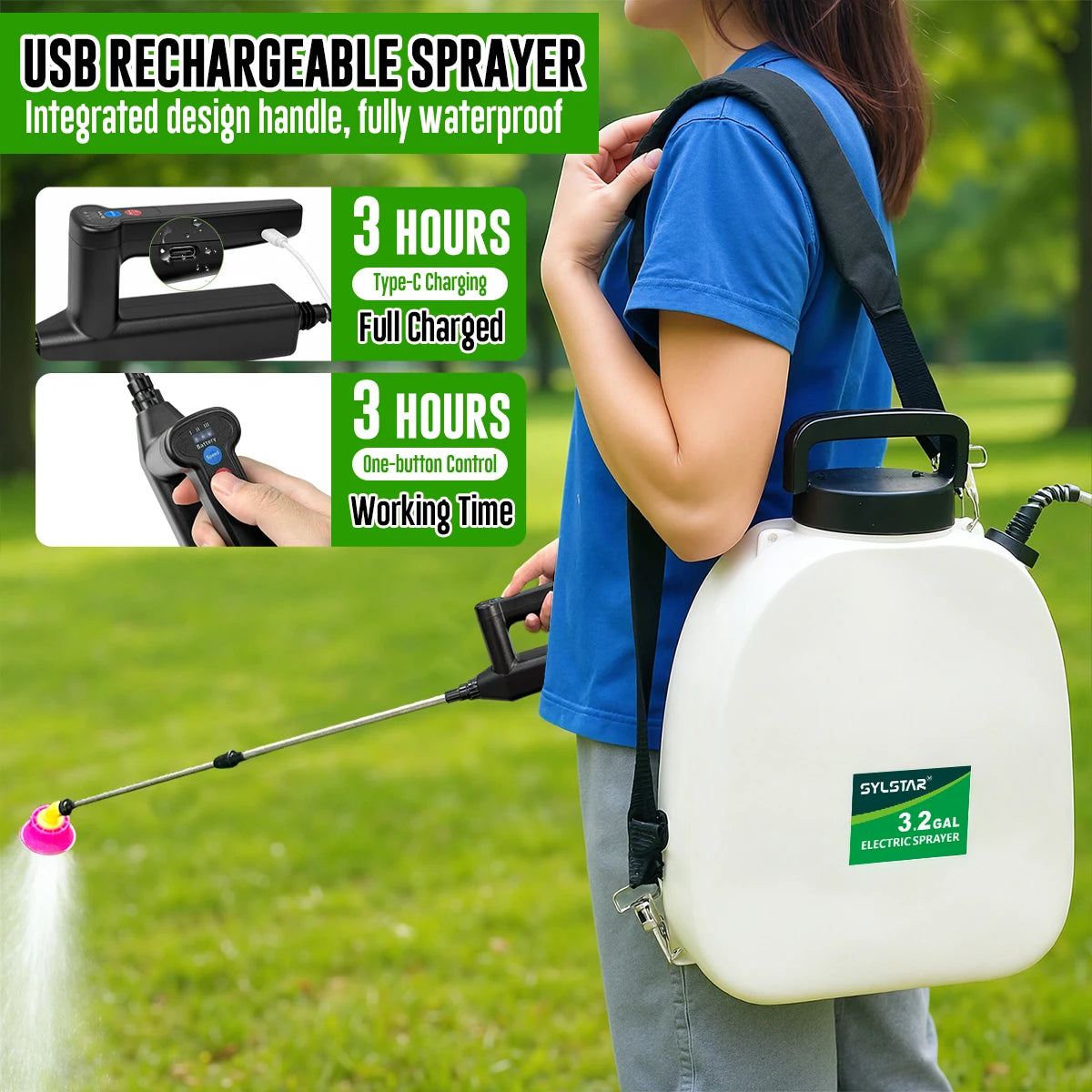 3.2 Gal Battery Powered Backpack Sprayer - USB Charging, 3 Adjustable Speeds, Battery Indicator, 5 Nozzles Lawn Garden Use
