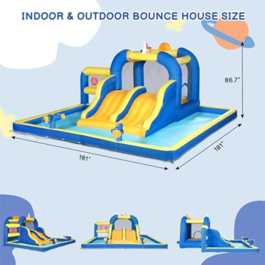 Inflatable Bounce House with Double Water Slide, Outdoor Inflatable Water Park Bouncy Castle w/Jumping Area, Splash Pool and Ai